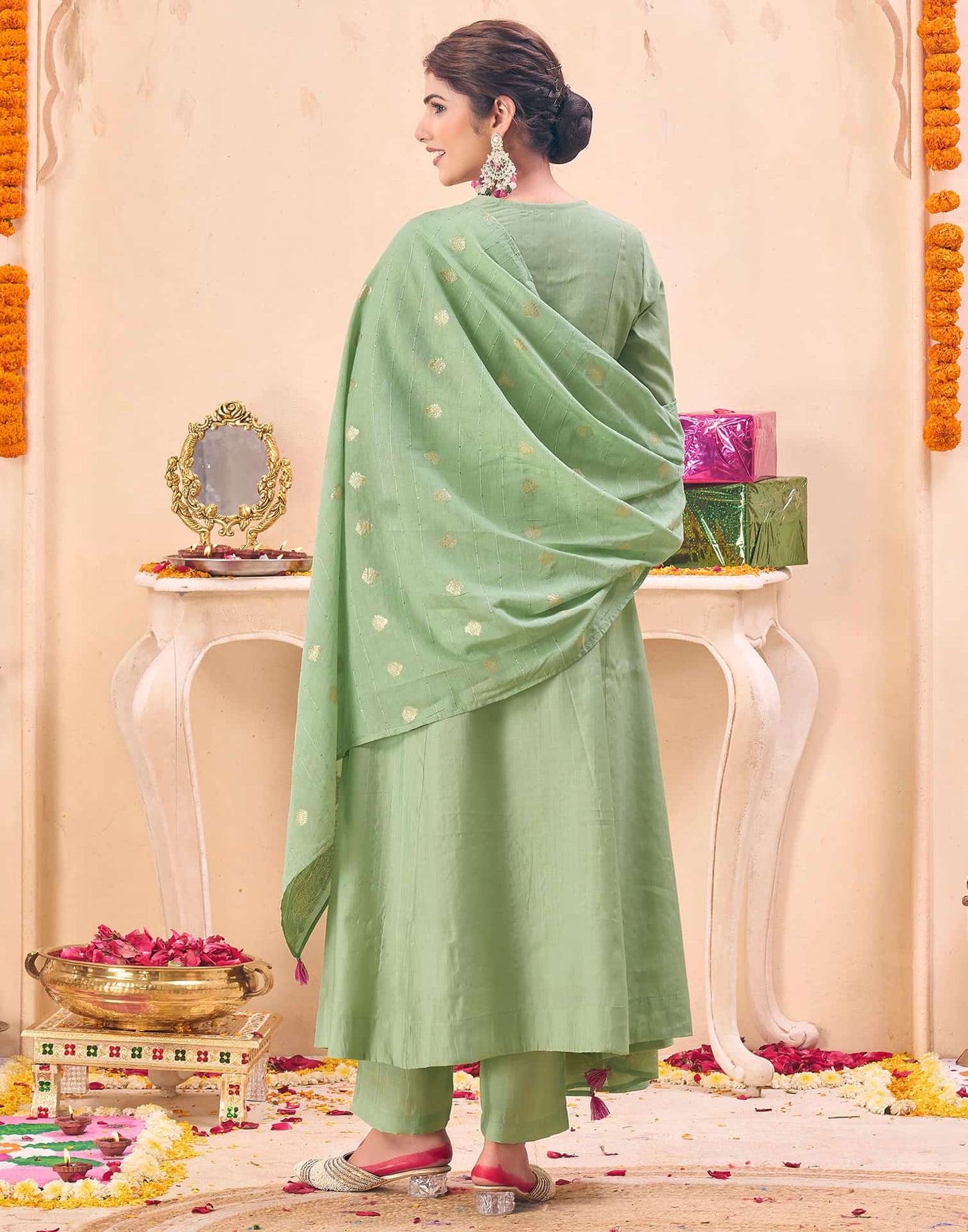 Skylee Light Green Silk Embroidered Anarkali Kurta Set for Women