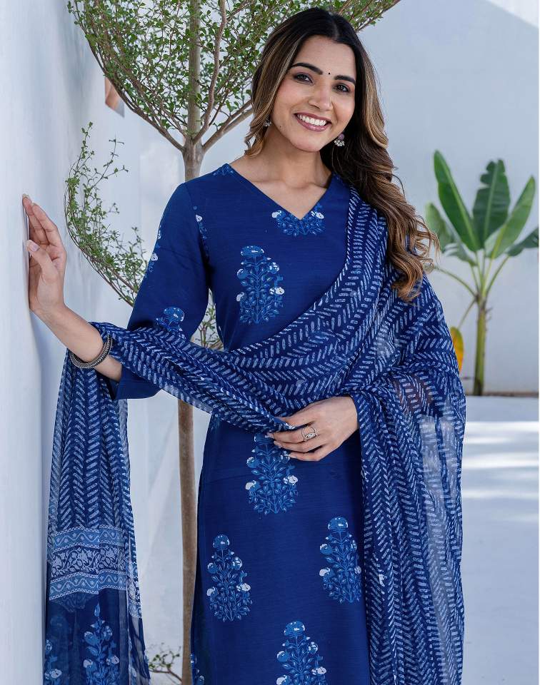 Dark Blue Silk Printed V Neck 3/4 Sleeve Straight Kurta Set With Pant & Dupatta