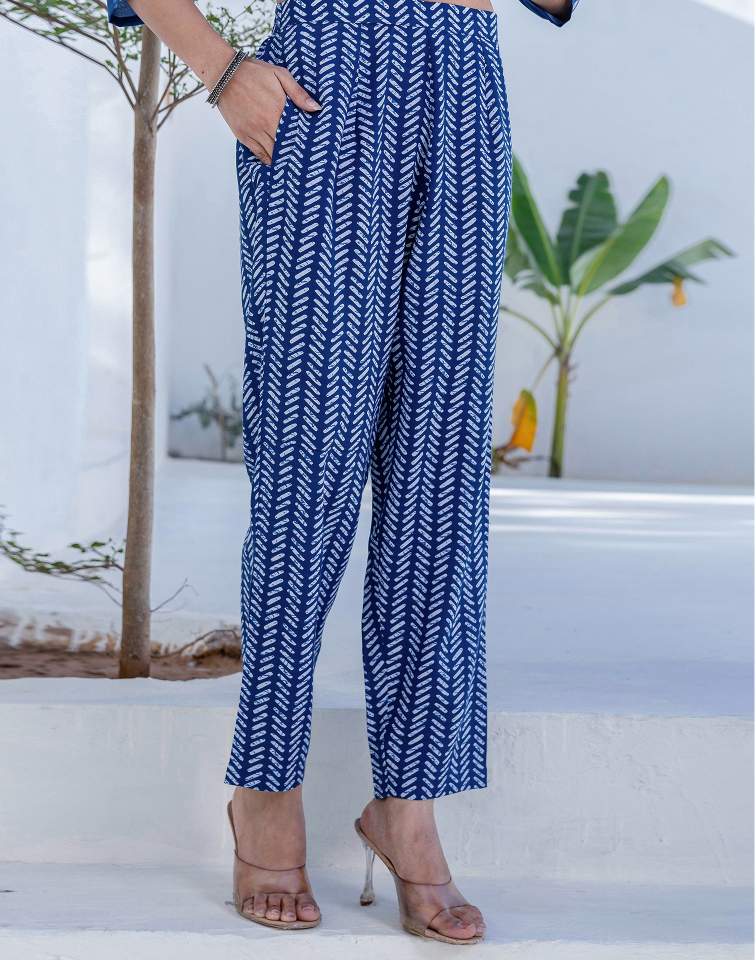 Dark Blue Silk Printed V Neck 3/4 Sleeve Straight Kurta Set With Pant & Dupatta