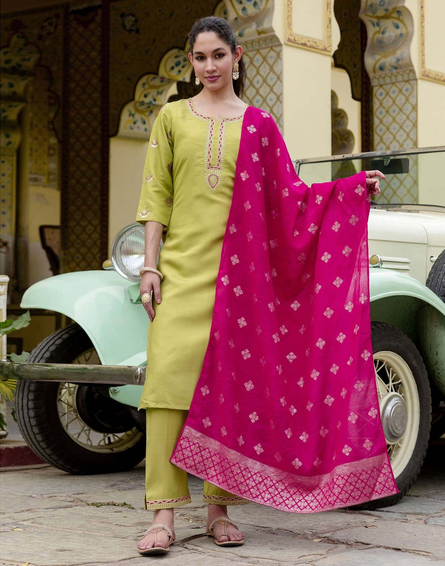 Silk Embroidery and Sequins Work Straight Kurta with Pant & Dupatta