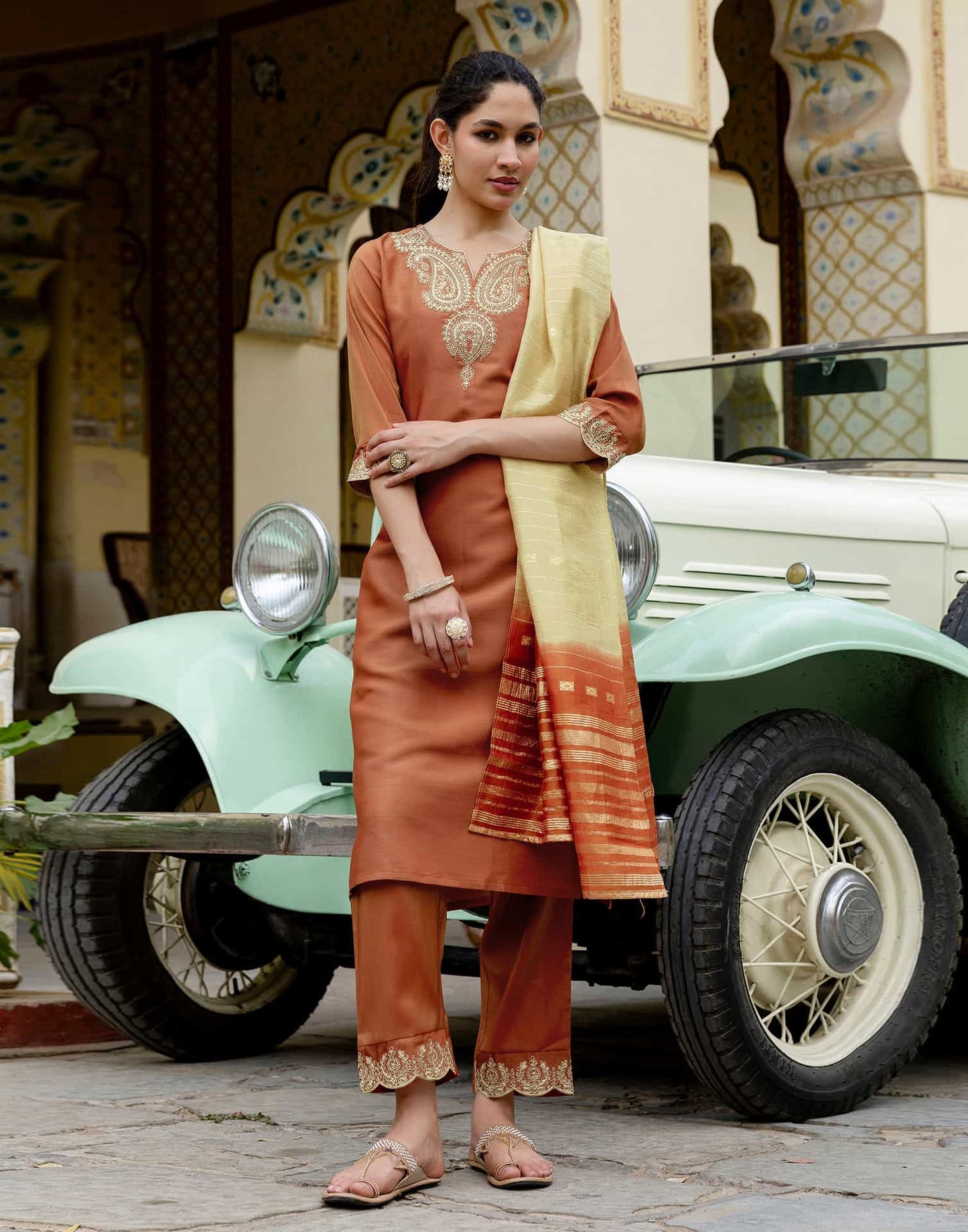 Silk Blend Sequins Work, Embroidery and Embroidery Lace Straight Kurta with Pant & Dupatta