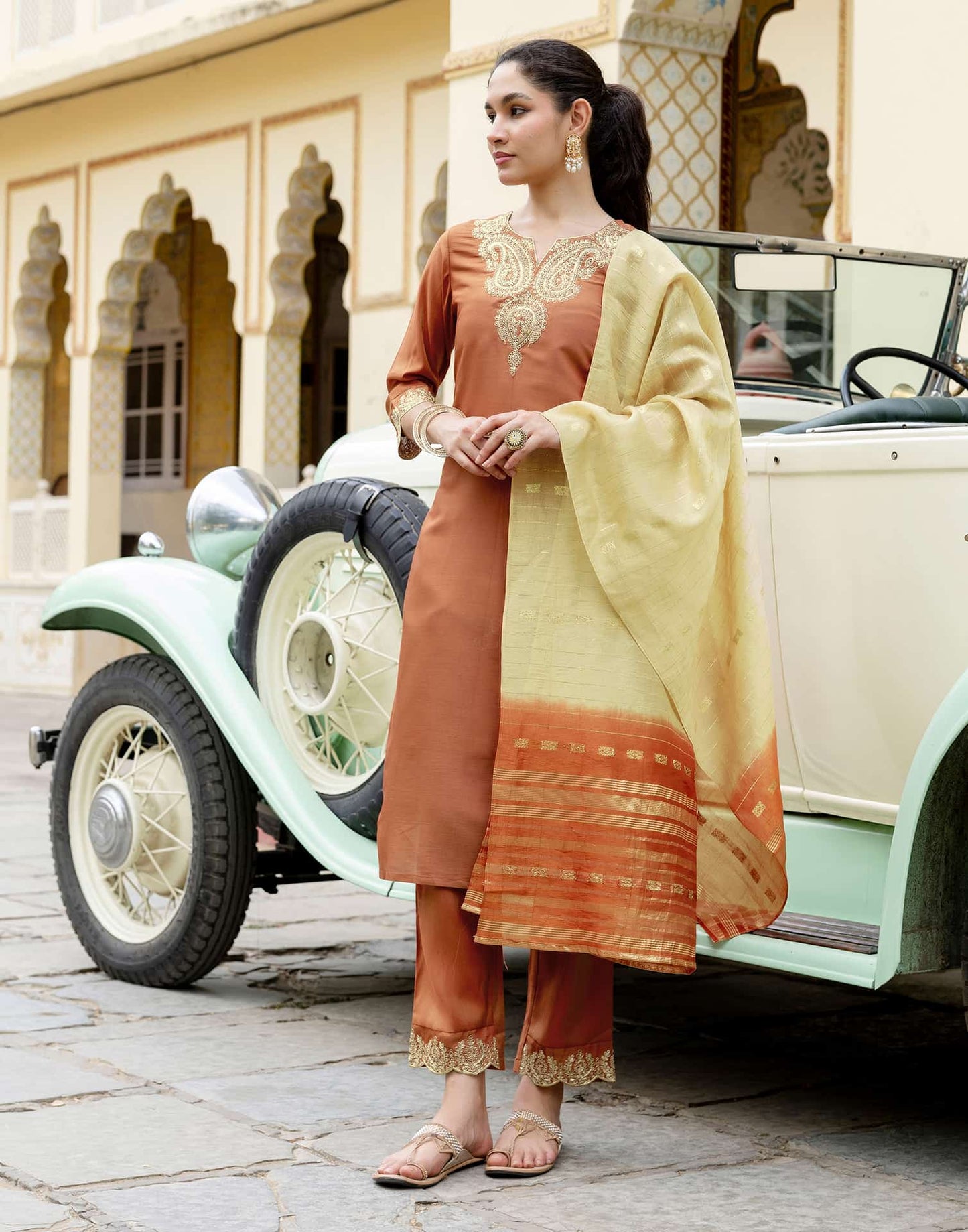 Silk Blend Sequins Work, Embroidery and Embroidery Lace Straight Kurta with Pant & Dupatta