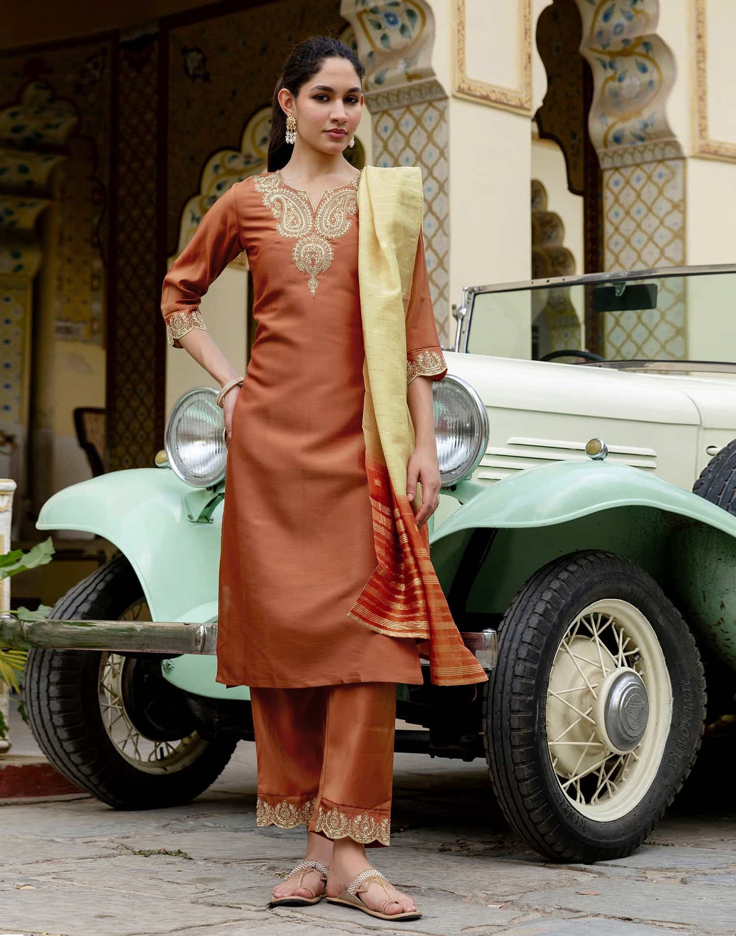 Silk Blend Sequins Work, Embroidery and Embroidery Lace Straight Kurta with Pant & Dupatta