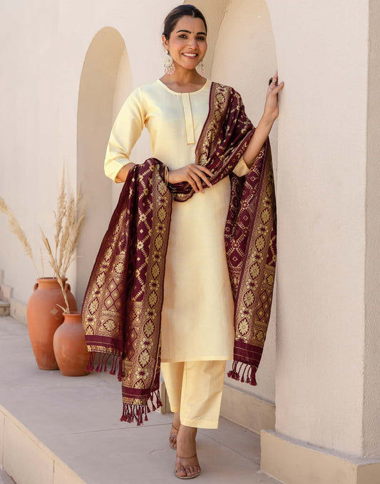 Beige Silk Blend Gota Lace Straight Kurta with Pant & Dupatta