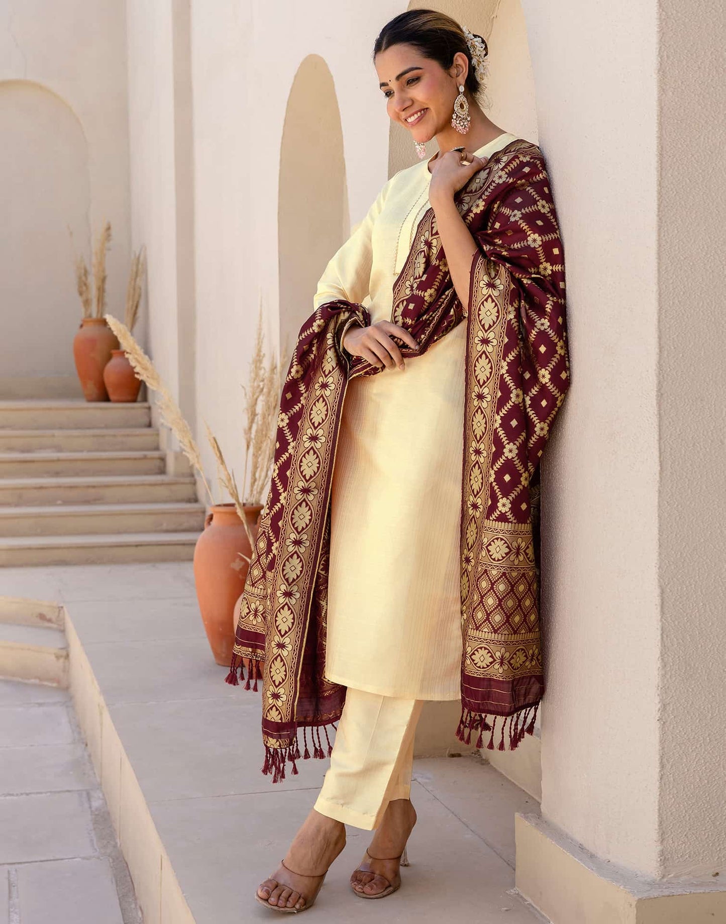 Silk Blend Gota Lace Straight Kurta with Pant & Dupatta