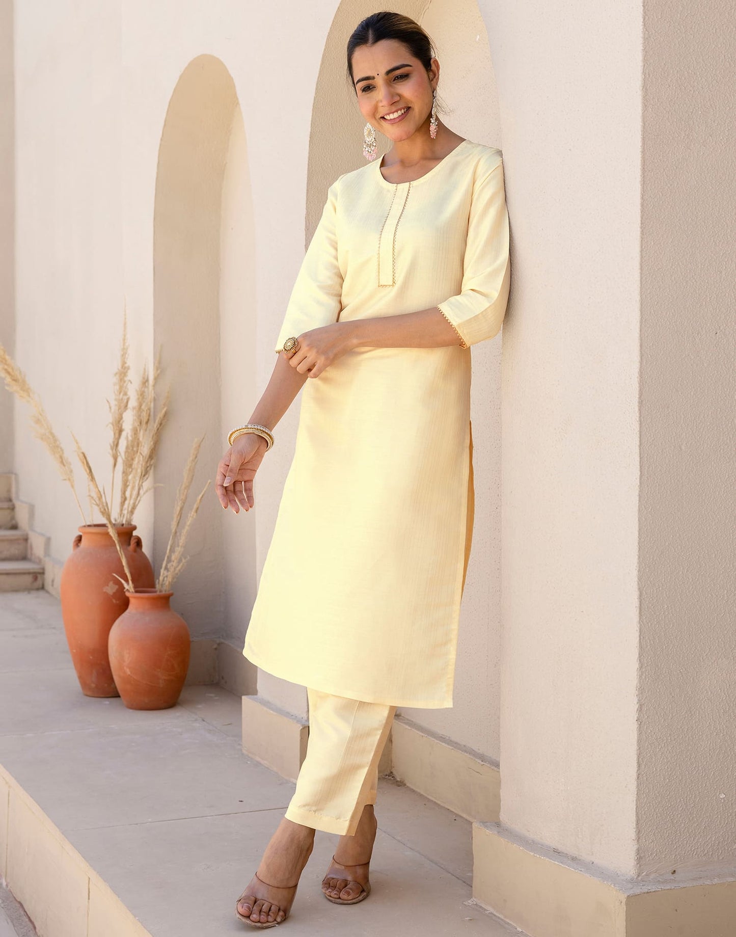 Silk Blend Gota Lace Straight Kurta with Pant & Dupatta