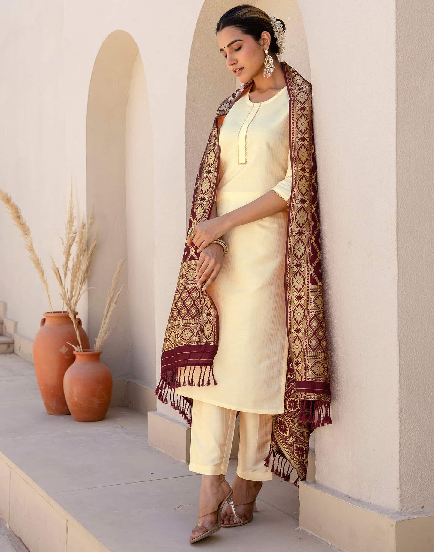 Silk Blend Gota Lace Straight Kurta with Pant & Dupatta