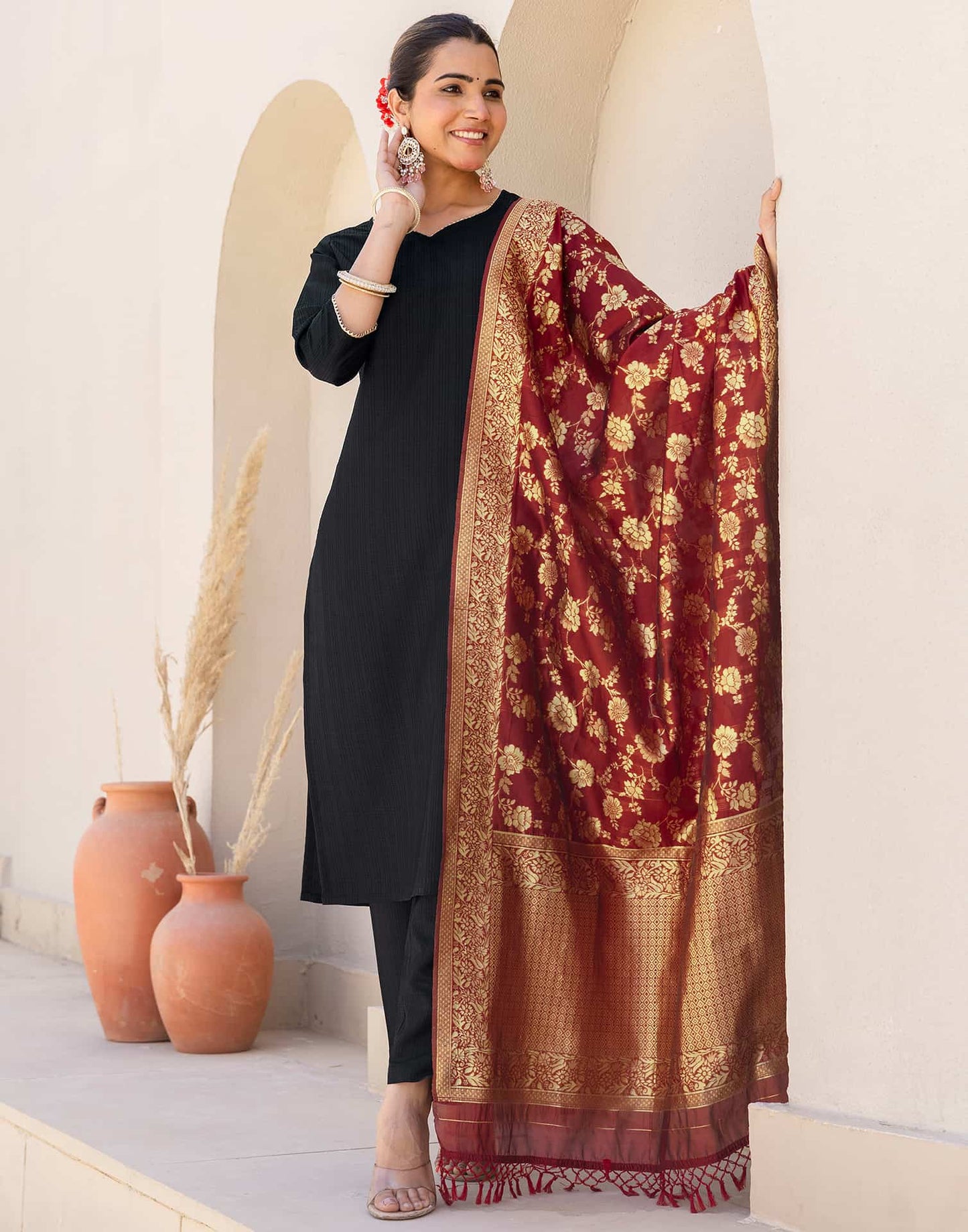 Silk Blend Gota Lace Straight Kurta with Pant & Dupatta