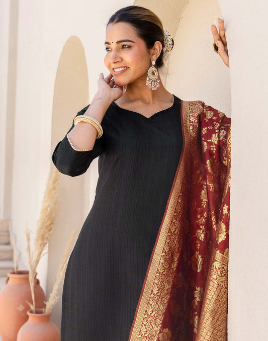 Affordable Black Silk Blend Gota Lace Kurta Set for Women Straight Kurta with Pant & Dupatta