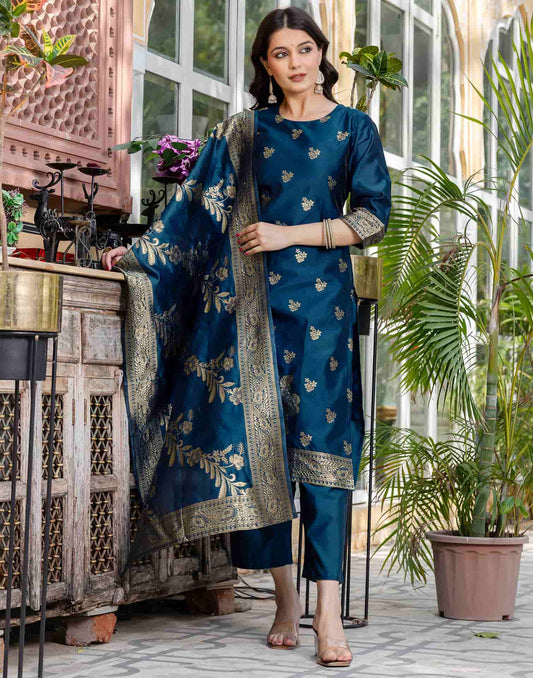 Affordable Silk Blend Kurta Set for Women in Blue Weaving Straight Kurta with Pant & Dupatta