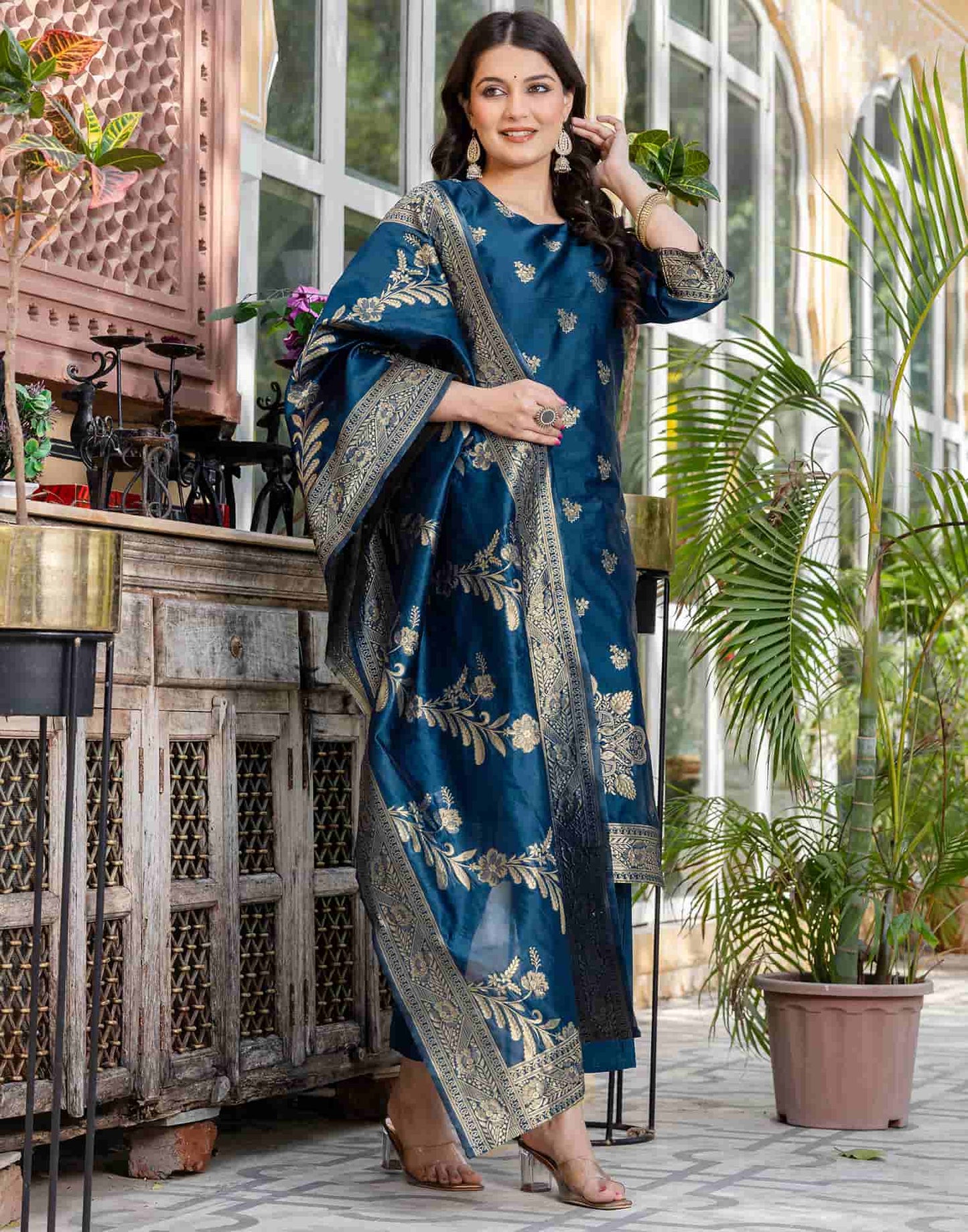Silk Blend Weaving Straight Kurta with Pant & Dupatta