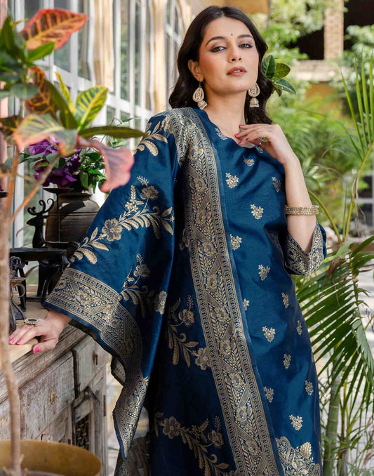 Affordable Silk Blend Kurta Set for Women in Blue Weaving Straight Kurta with Pant & Dupatta