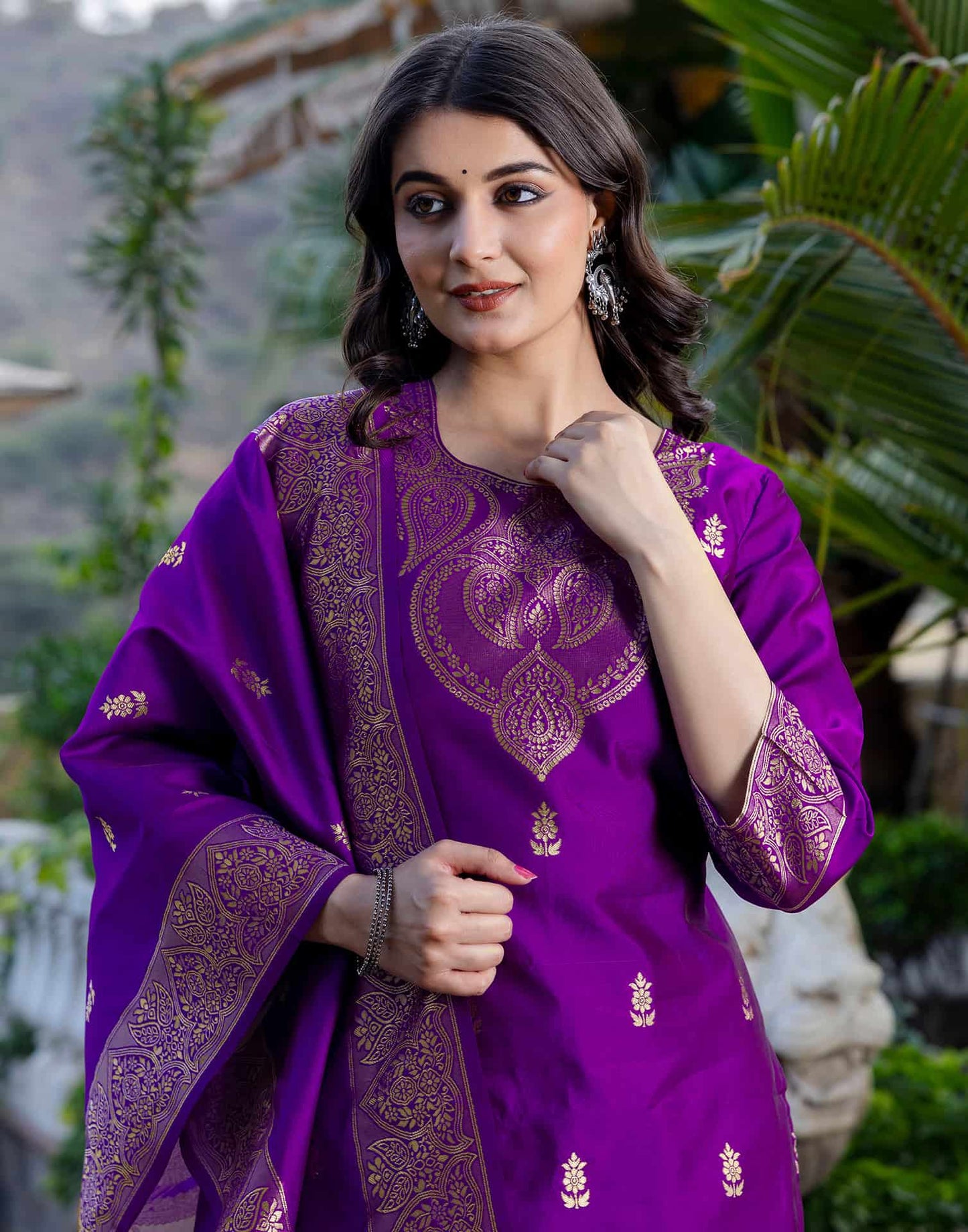 Silk Blend Weaving Straight Kurta with Pant & Dupatta