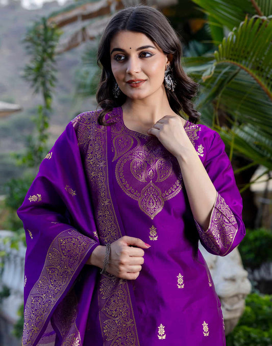 Affordable Silk Blend Kurta Set for Women Purple Weaving Straight Kurta with Pant & Dupatta