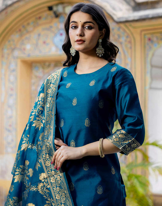 Affordable Silk Blend Kurta Set for Women Blue Weaving Straight Kurta with Pant & Dupatta