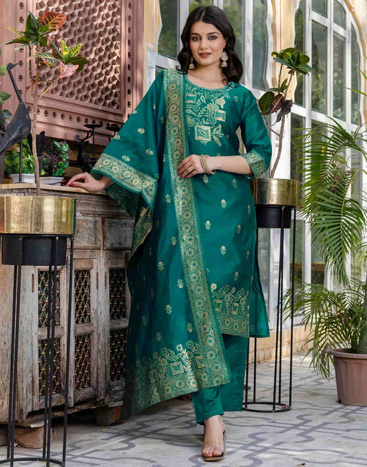 Green Silk Blend Woven Straight Kurta Set for Women with Pant & Dupatta