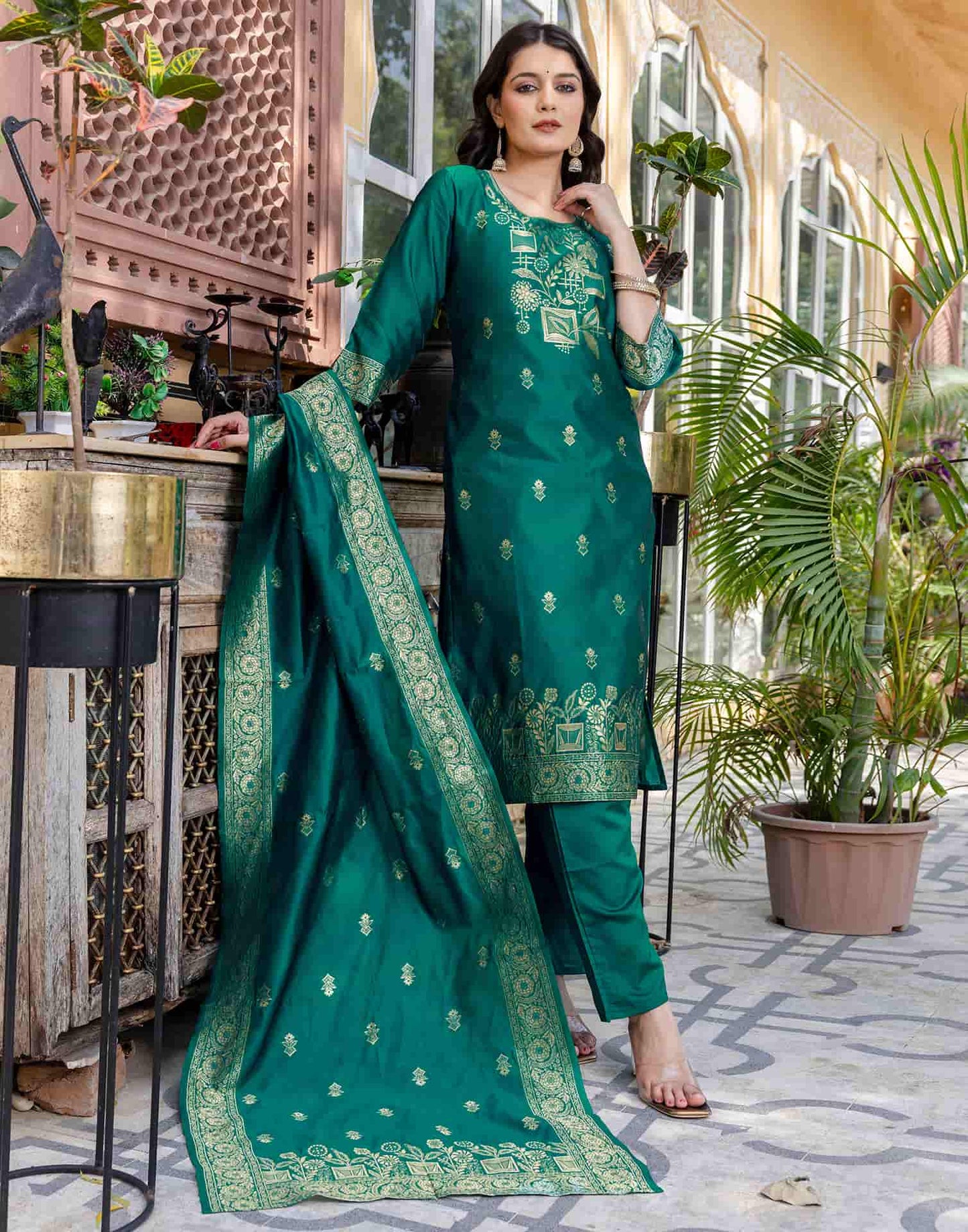 Silk Blend Weaving Straight Kurta with Pant & Dupatta