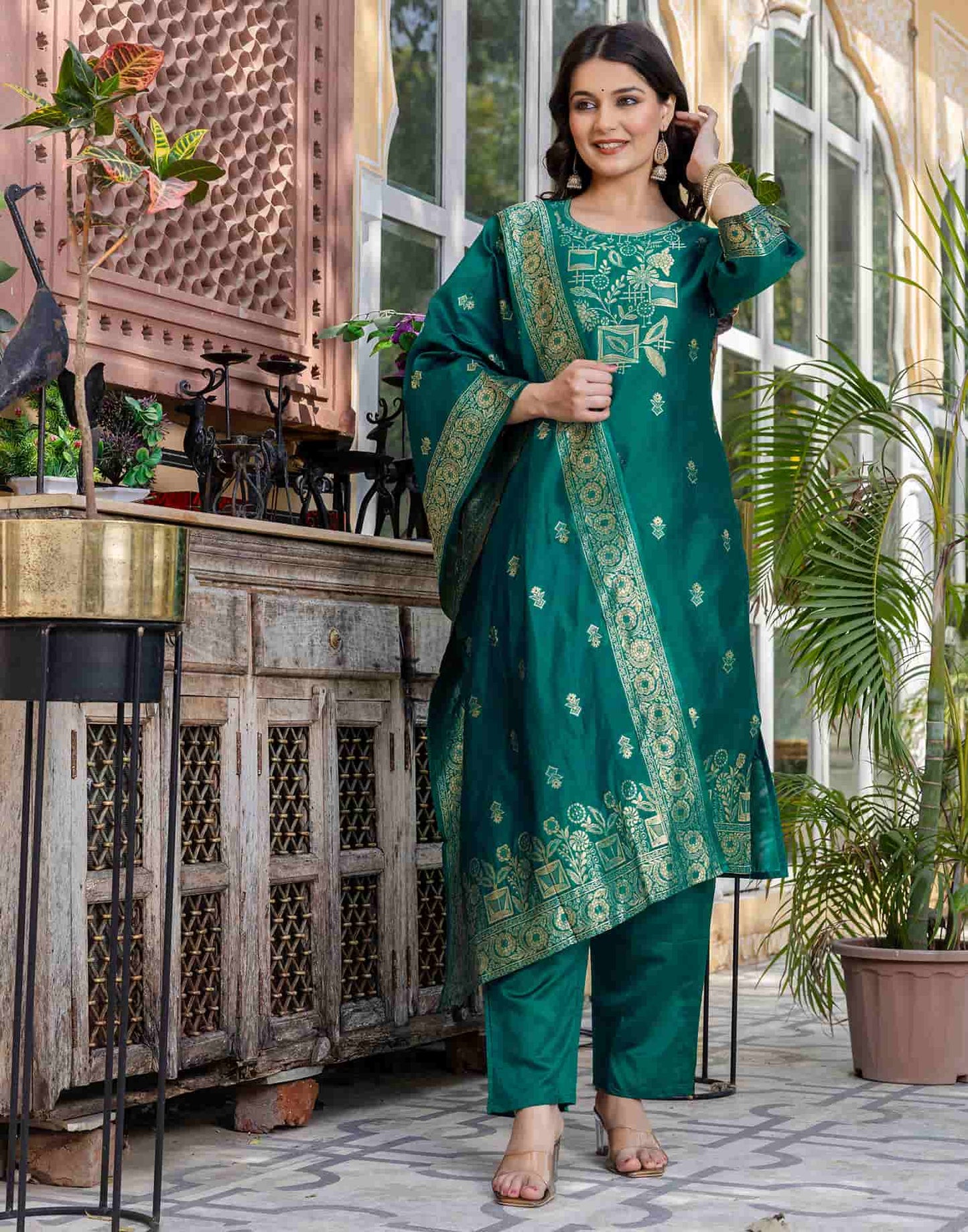 Silk Blend Weaving Straight Kurta with Pant & Dupatta