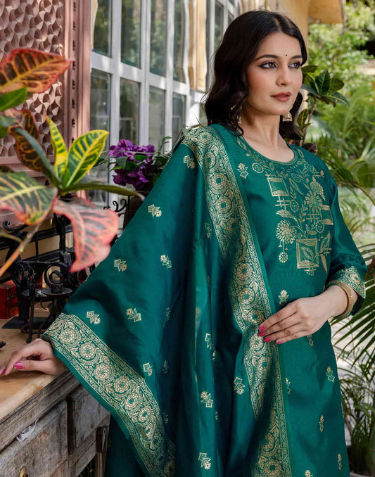 Green Silk Blend Woven Straight Kurta Set for Women with Pant & Dupatta