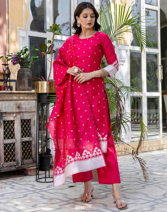 Pink Silk Blend Woven Straight Kurta Set for Women with Pant & Dupatta