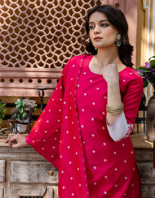 Pink Silk Blend Woven Straight Kurta Set for Women with Pant & Dupatta
