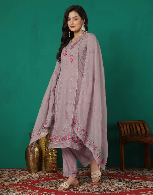Purple Silk Blend Embroidered Straight Kurta Set for Women with Pant and Dupatta