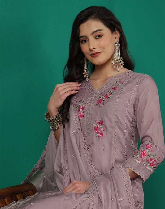 Purple Silk Blend Embroidered Straight Kurta Set for Women with Pant and Dupatta