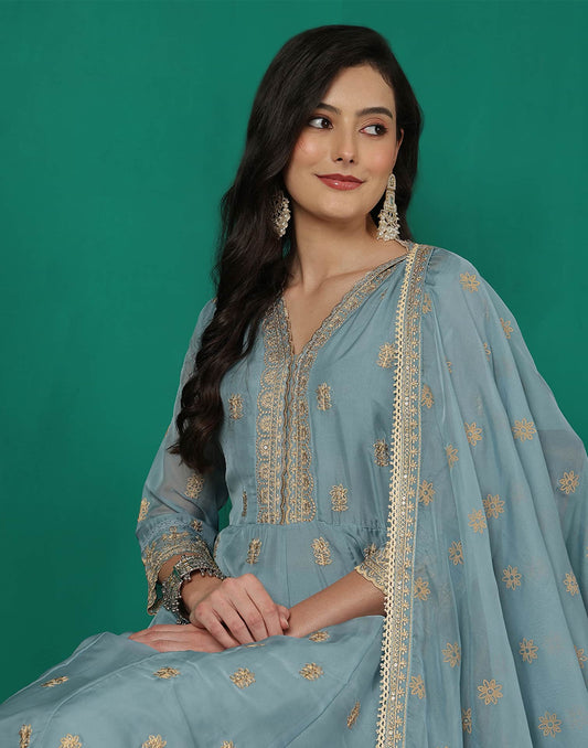 Blue Silk Blend Embroidery and Sequins Work Anarkali Kurta Set for Women with Pant & Dupatta