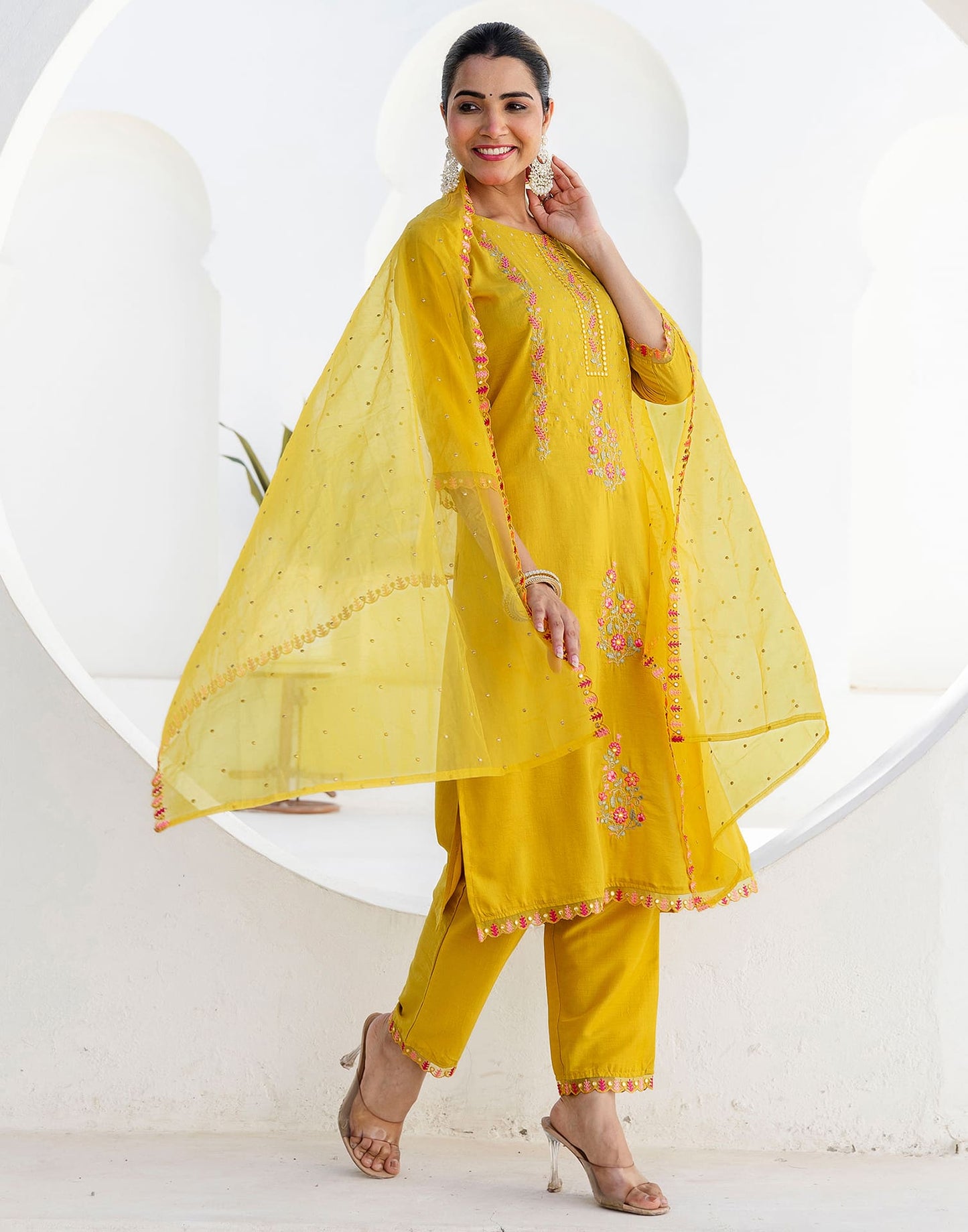 Silk Blend Embroidery and Mirror Work Straight Kurta with Pant & Dupatta