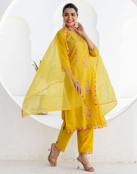 Yellow Silk Blend Embroidery and Mirror Work Straight Kurta Set for Women with Pant & Dupatta