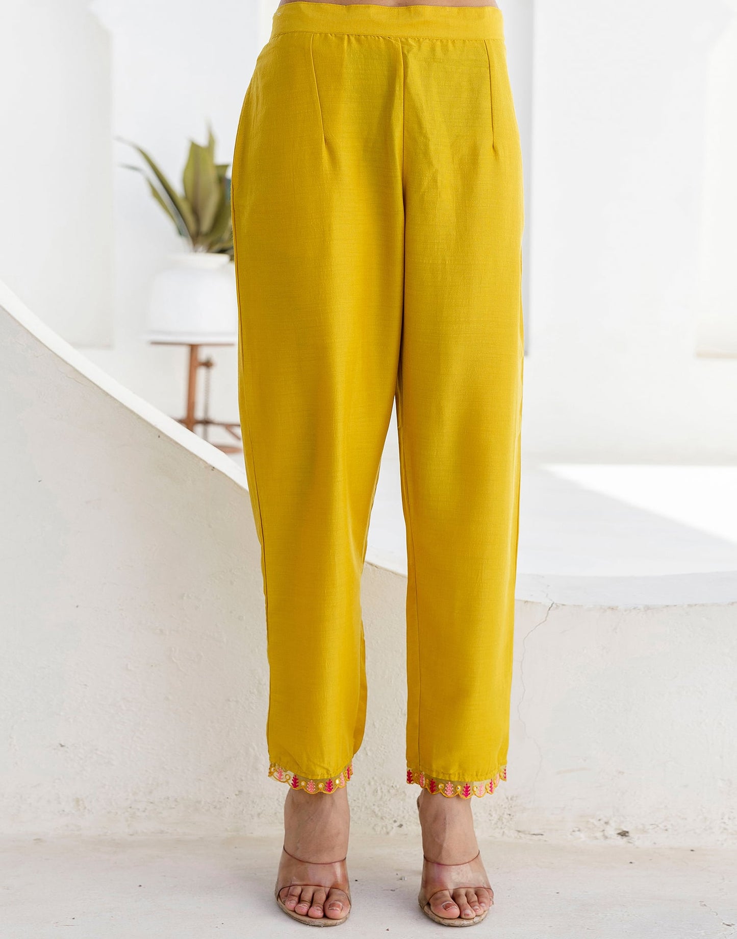 Yellow Silk Blend Embroidery and Mirror Work Straight Kurta Set for Women with Pant & Dupatta