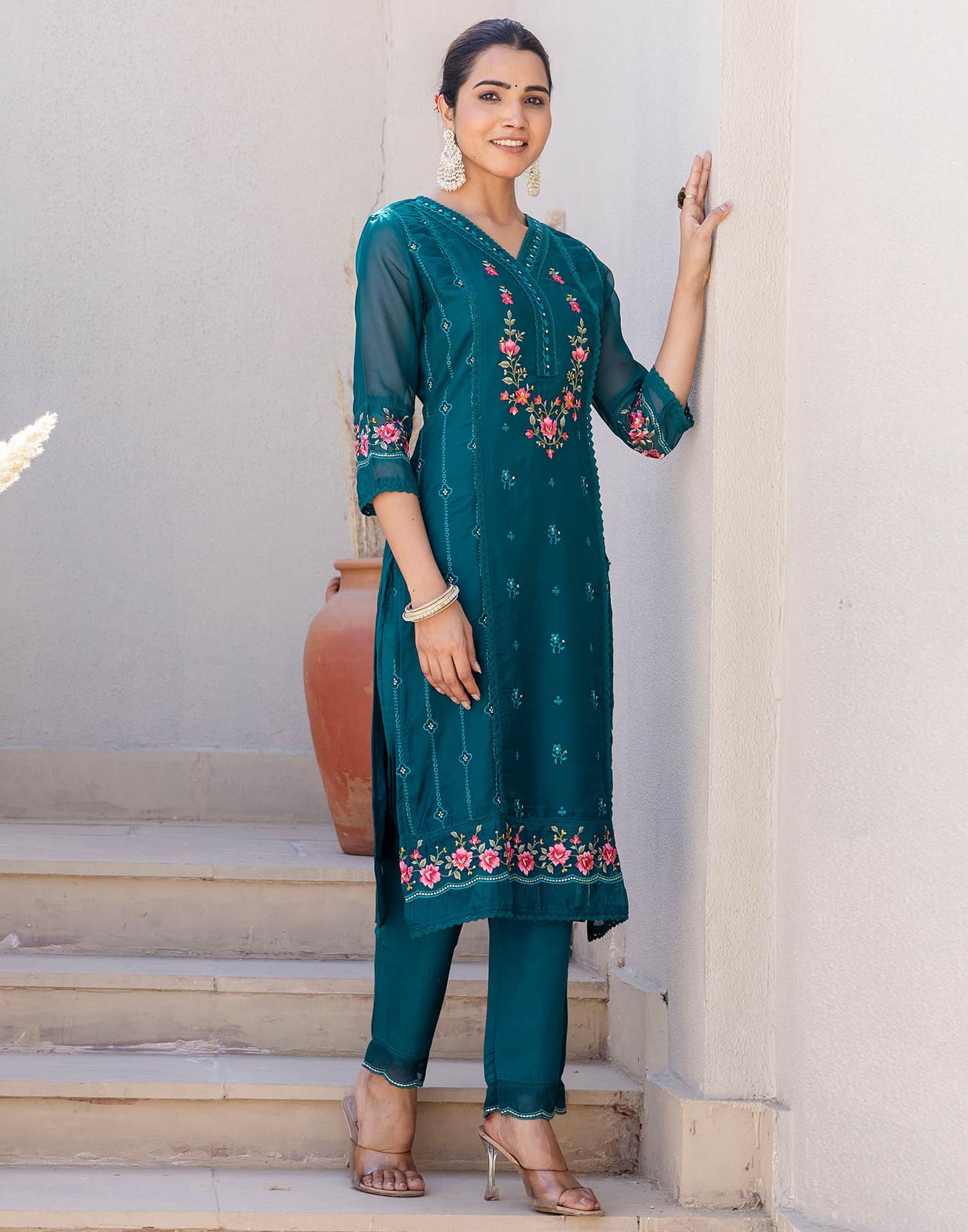 Silk Blend Embroidery Straight Kurta with Pant & Dupatta