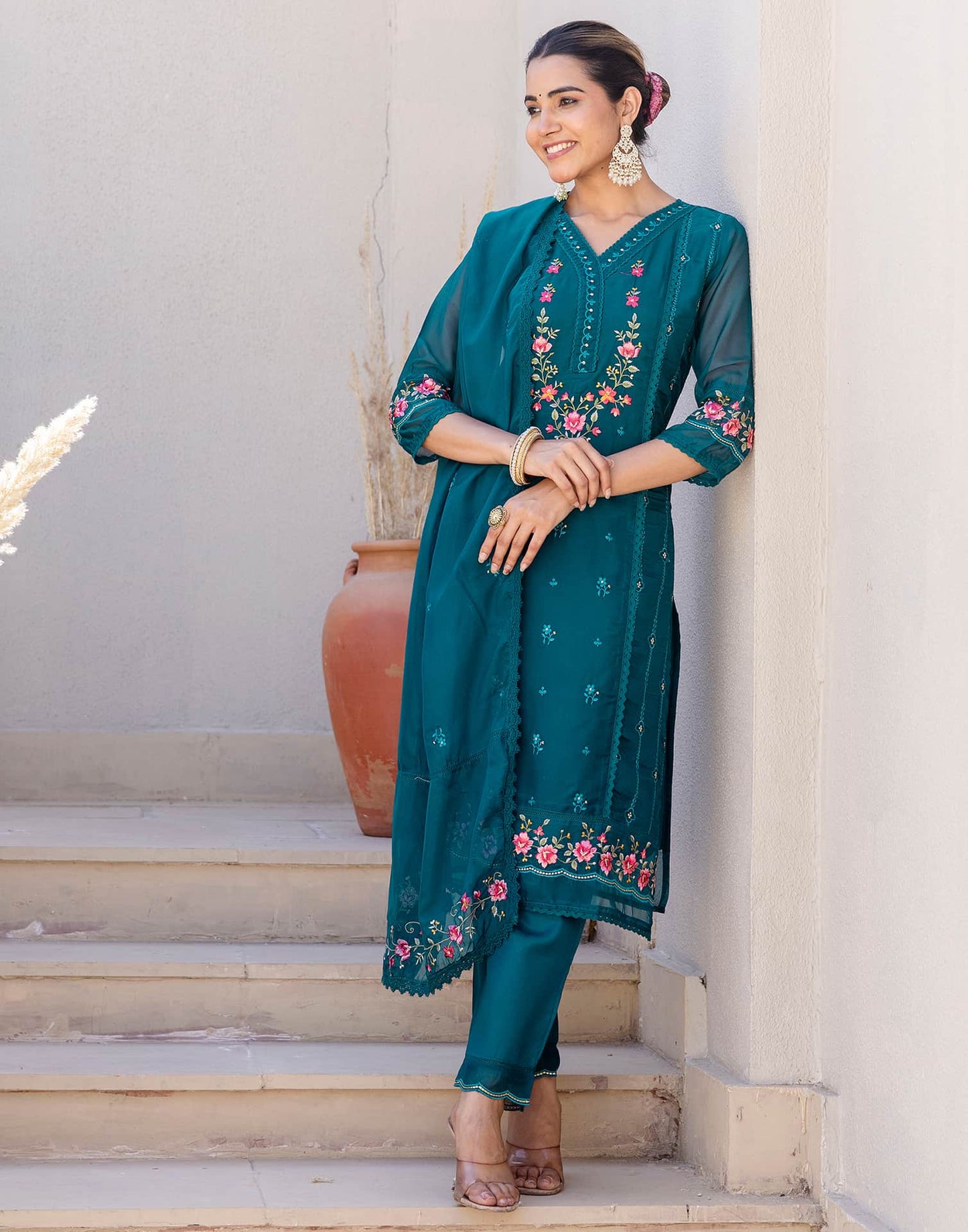 Silk Blend Embroidery Straight Kurta with Pant & Dupatta