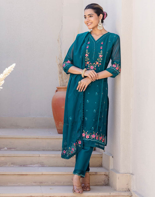 Blue Silk Blend Embroidery Straight Kurta Set for Women with Pant & Dupatta