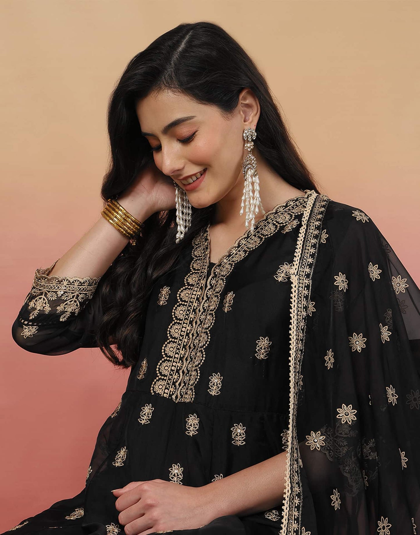 Silk Blend Embroidery and Sequins Work Anarkali Kurta with Pant & Dupatta