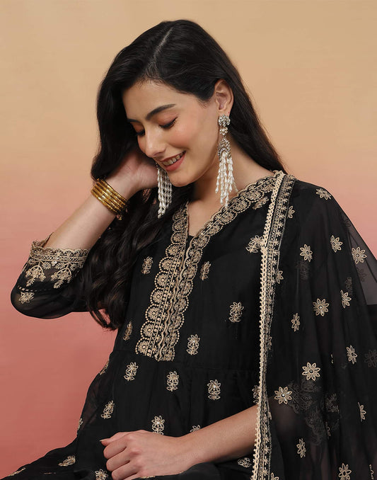 Black Silk Blend Embroidered Anarkali Kurta Set with Sequins Work, Pant & Dupatta