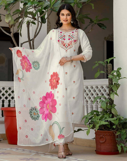 Silk Embroidery and Sequins Work, Embroidery Lace Straight Kurta with Pant & Dupatta