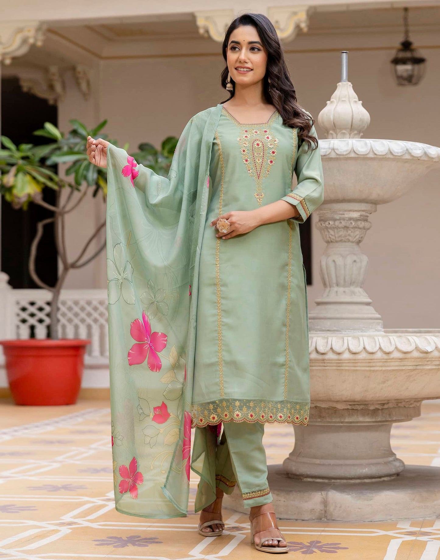 Silk Embroidered Straight Kurta with Pant & Dupatta