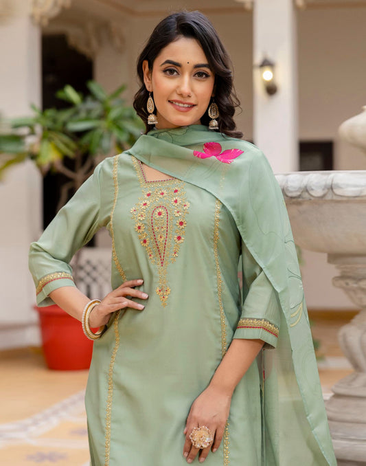 Skylee Light Green Silk Embroidered Straight Kurta Set for Women