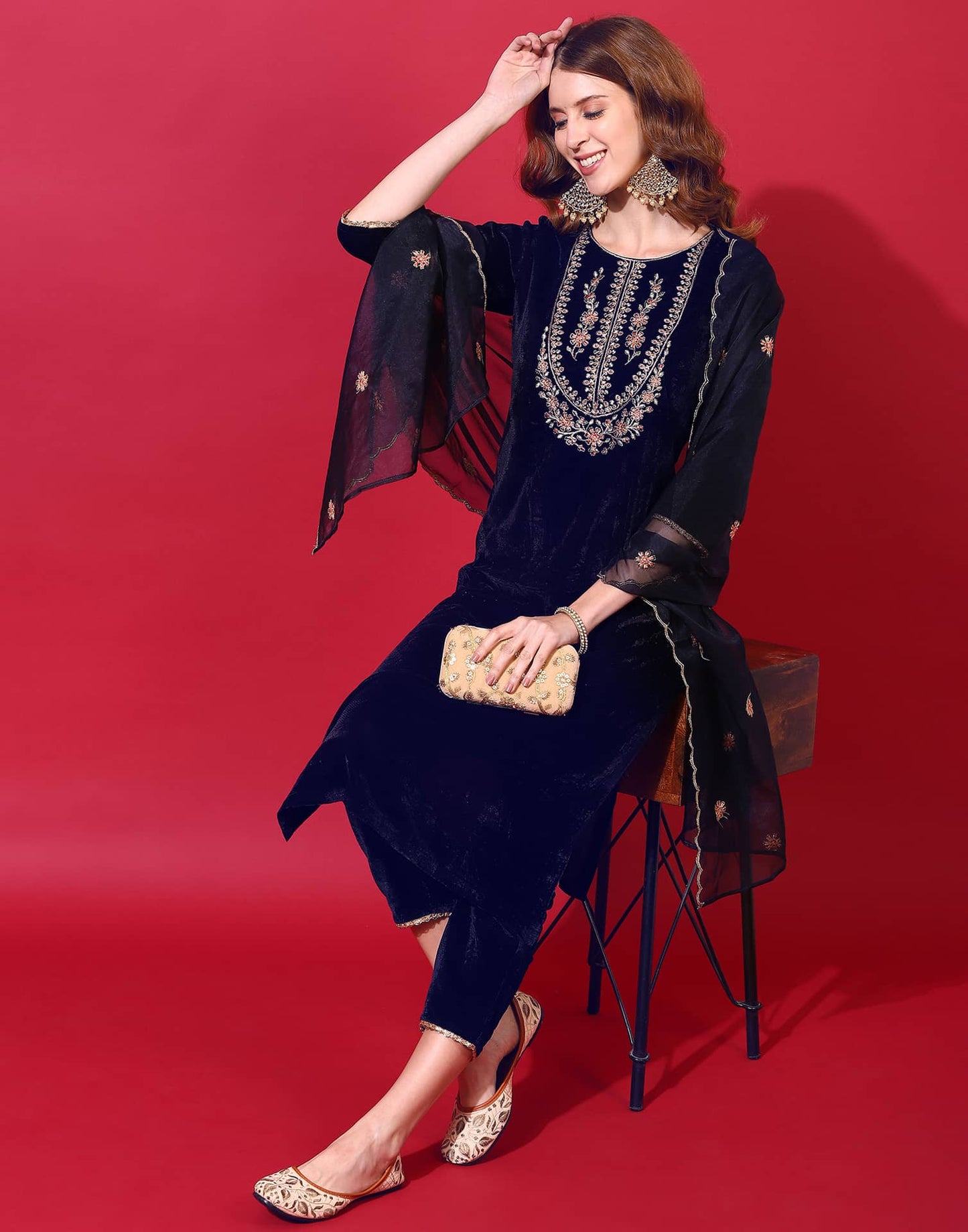 Velvet Embroidery Straight Kurta with Pant & Dupatta