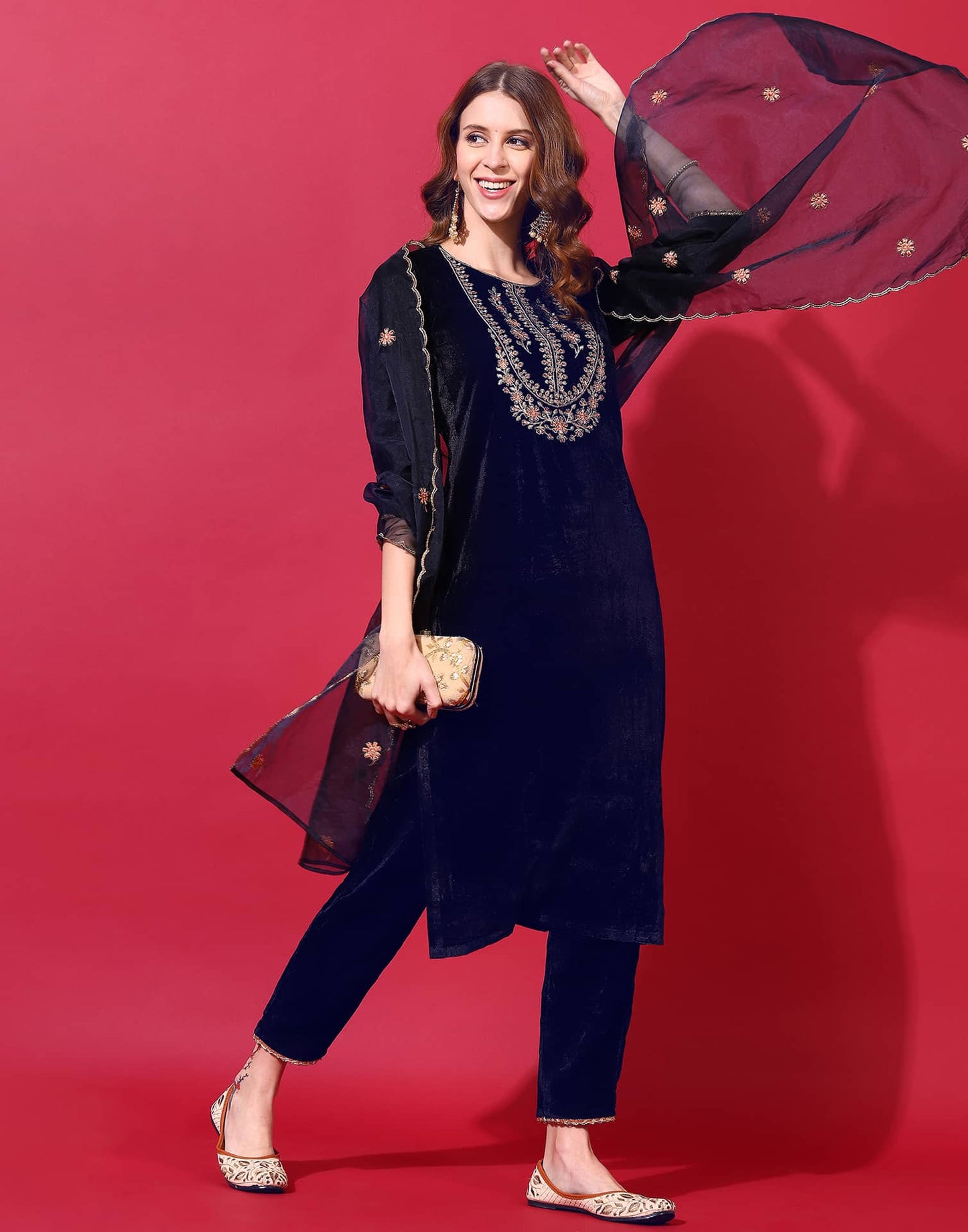 Velvet Embroidery Straight Kurta with Pant & Dupatta