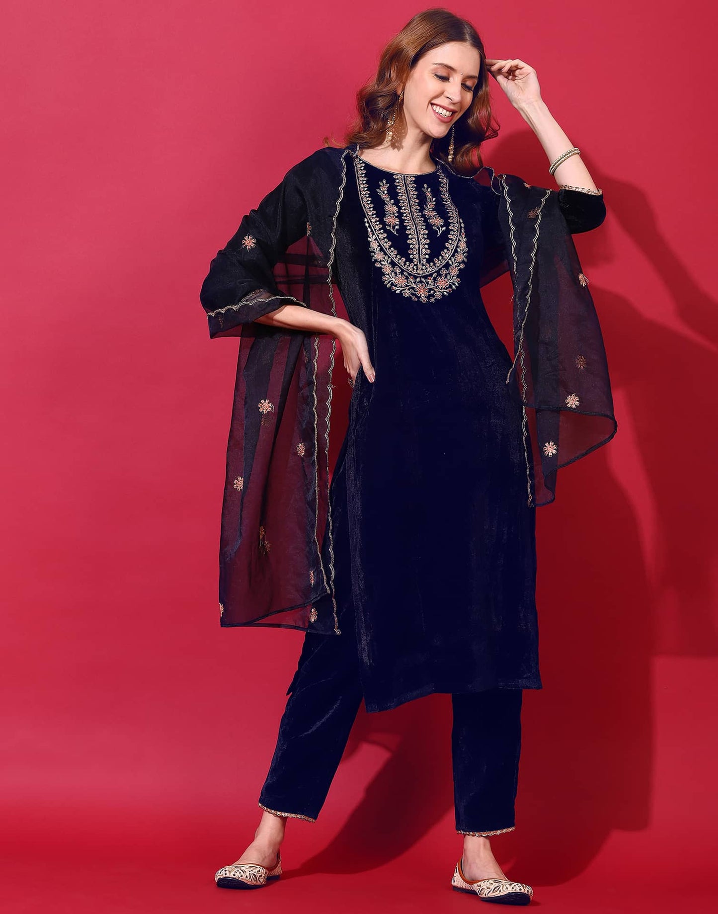 Velvet Embroidery Straight Kurta with Pant & Dupatta