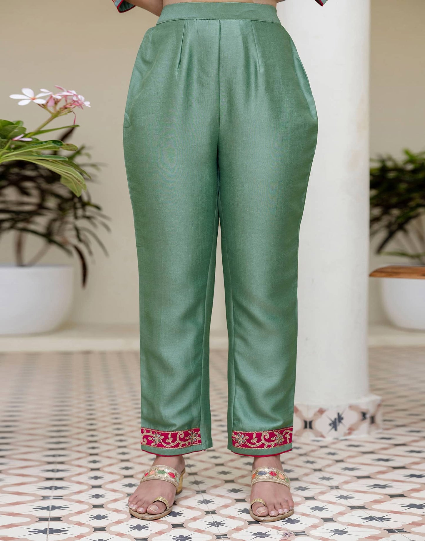 Green Silk Embroidered A-Line Kurta Set with Sequins Work, Pant & Dupatta