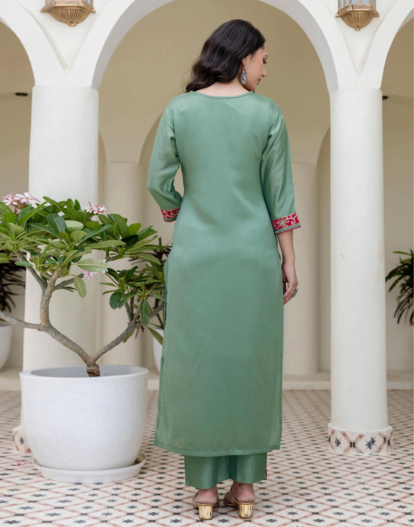 Silk Embroidery, Sequins Work and Embroidery Lace A-Line Kurta with Pant & Dupatta