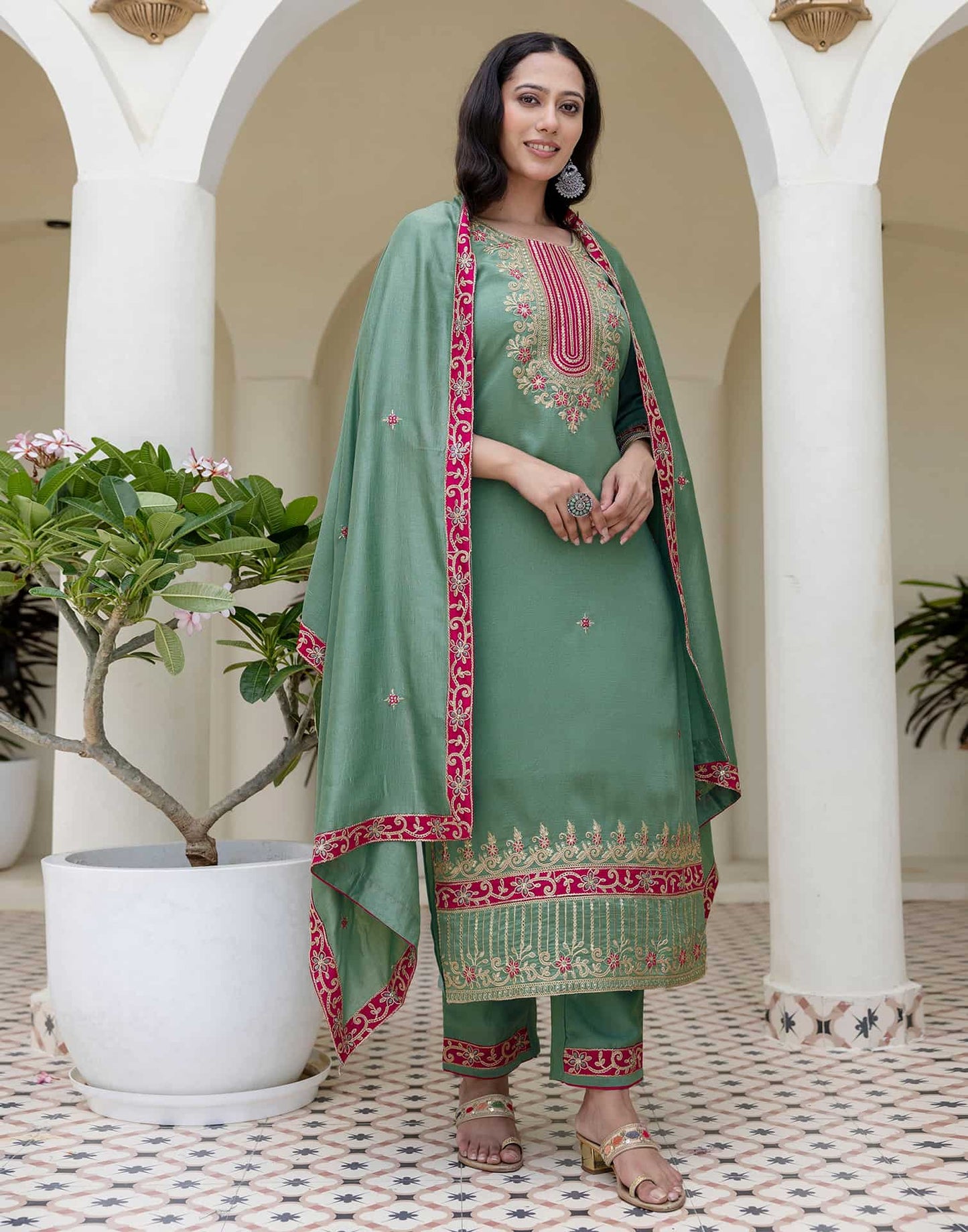 Silk Embroidery, Sequins Work and Embroidery Lace A-Line Kurta with Pant & Dupatta