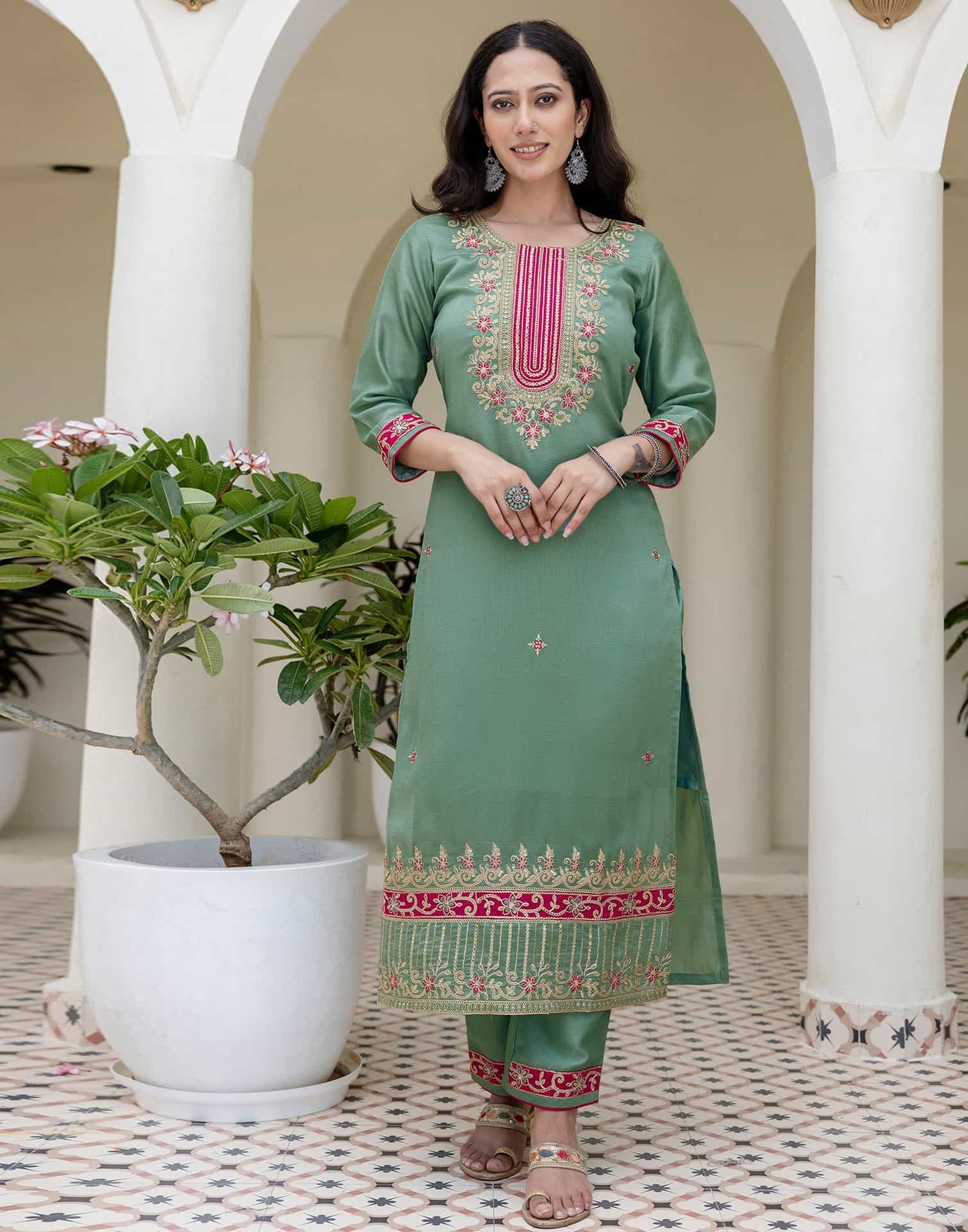Silk Embroidery, Sequins Work and Embroidery Lace A-Line Kurta with Pant & Dupatta