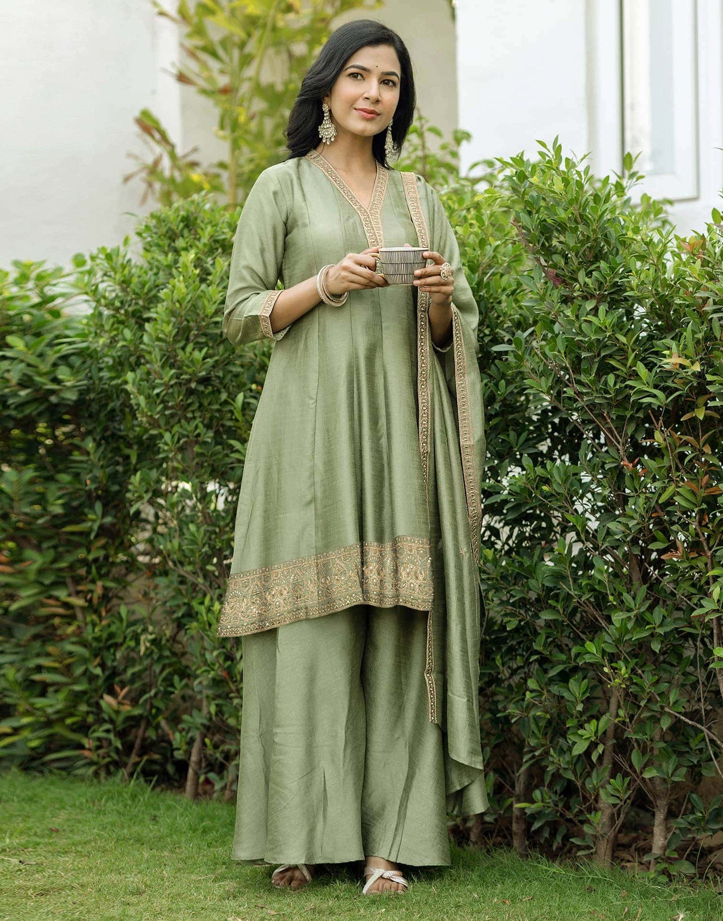Silk Embroidery Lace Anarkali Kurta with Pant & Dupatta
