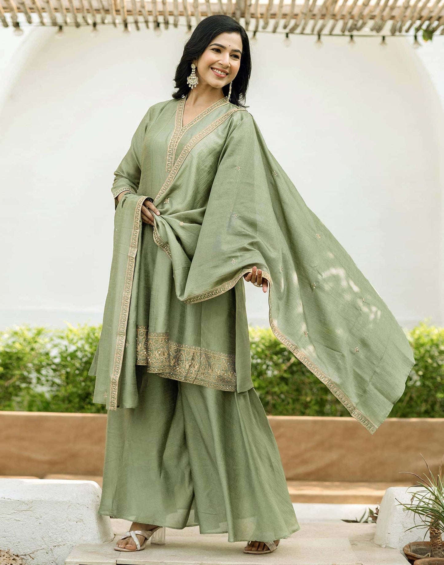 Silk Embroidery Lace Anarkali Kurta with Pant & Dupatta