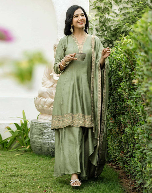 Silk Embroidery Lace Anarkali Kurta with Pant & Dupatta