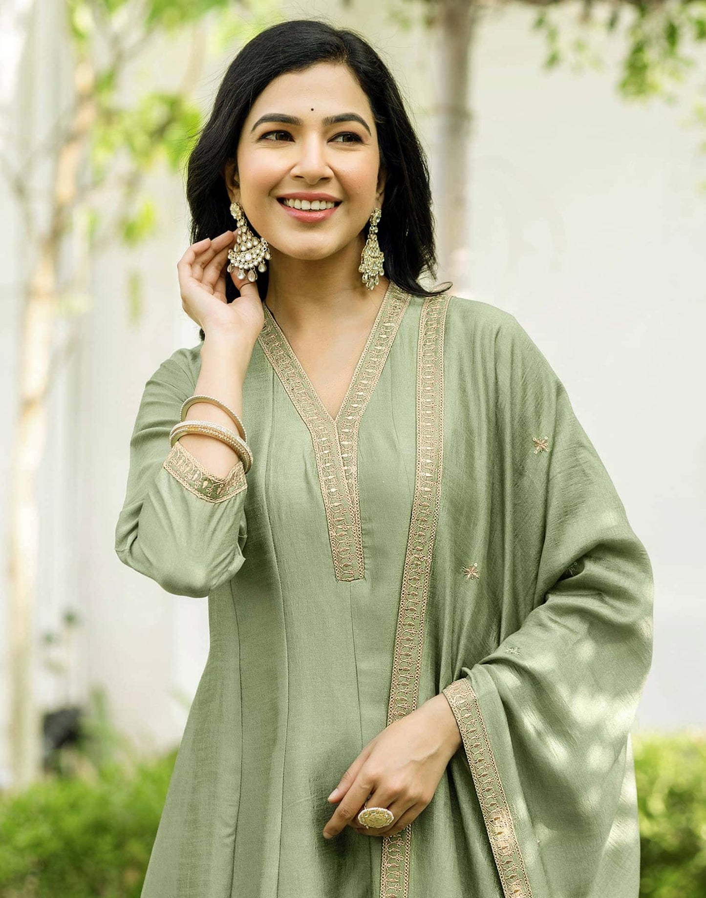 Silk Embroidery Lace Anarkali Kurta with Pant & Dupatta